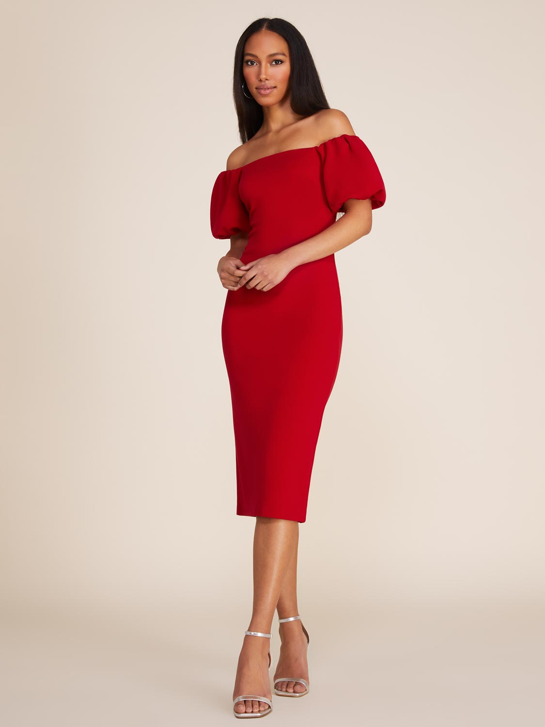 Off-The-Shoulder Puff Sleeve Fitted Midi Dress – Suzy Shier