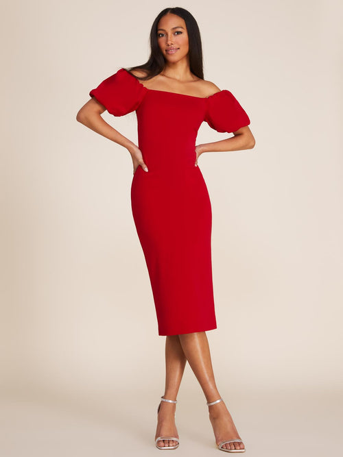 Off-The-Shoulder Puff Sleeve Fitted Midi Dress