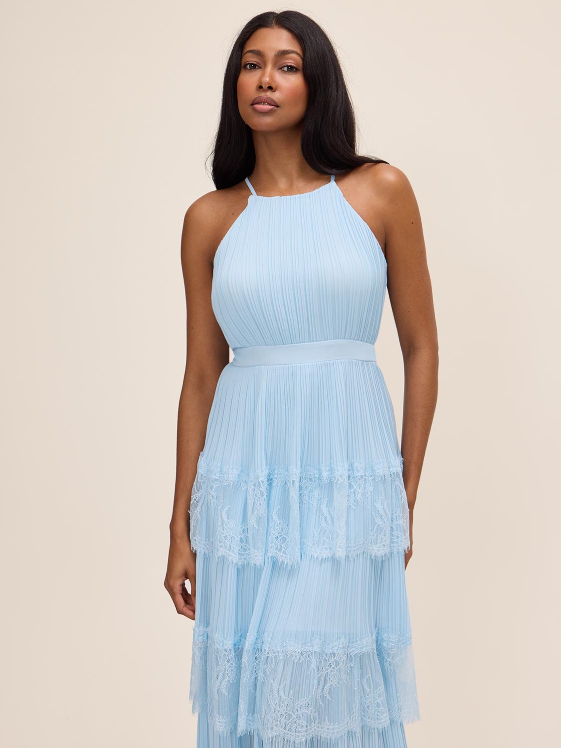 Pleated Chiffon Tiered Midi Dress