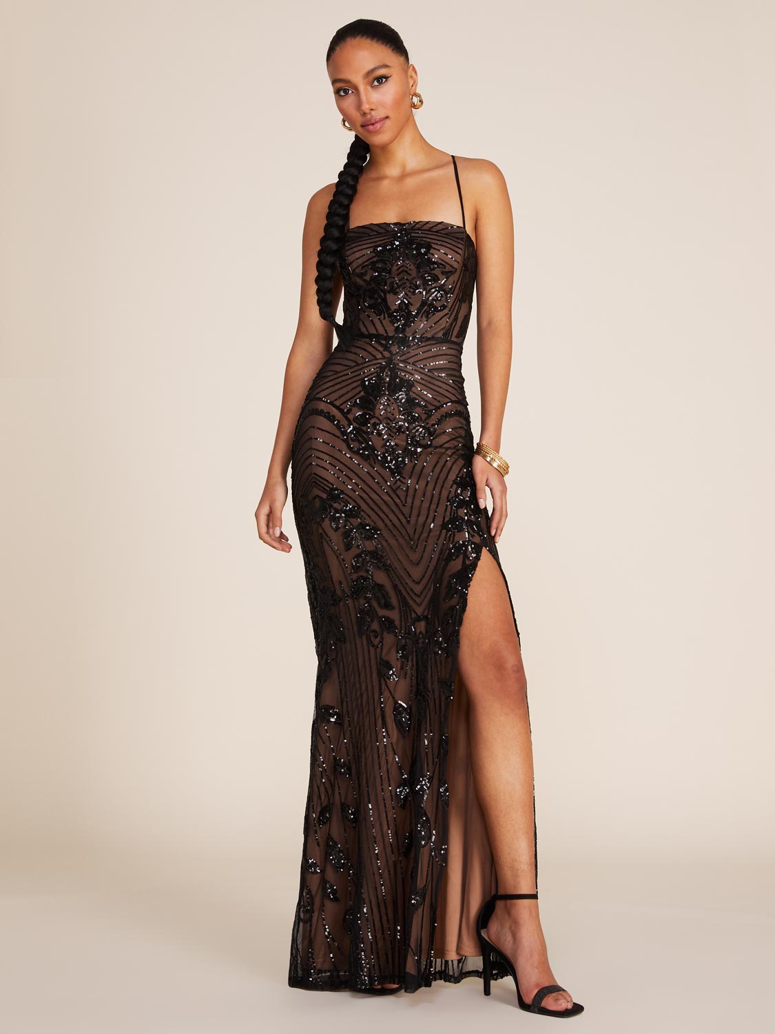 Sequin Gown With Open Lace Back