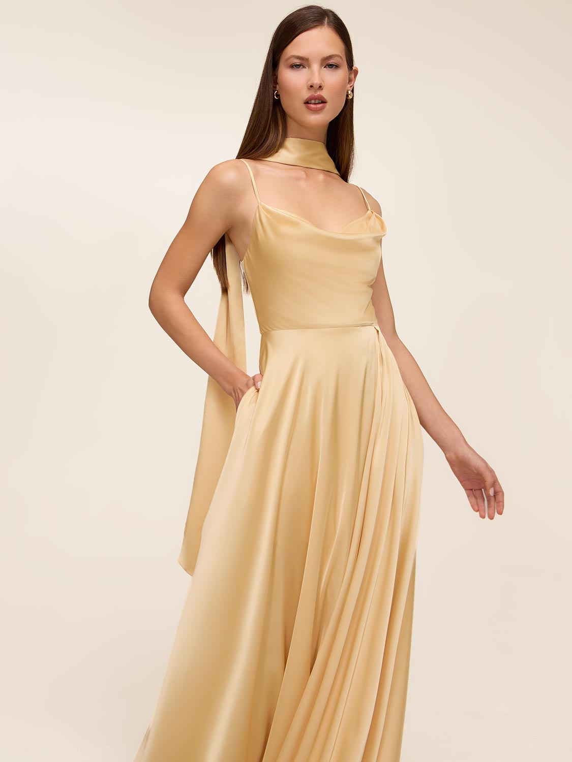 Satin Gown With Scarf | Yellow | XXS