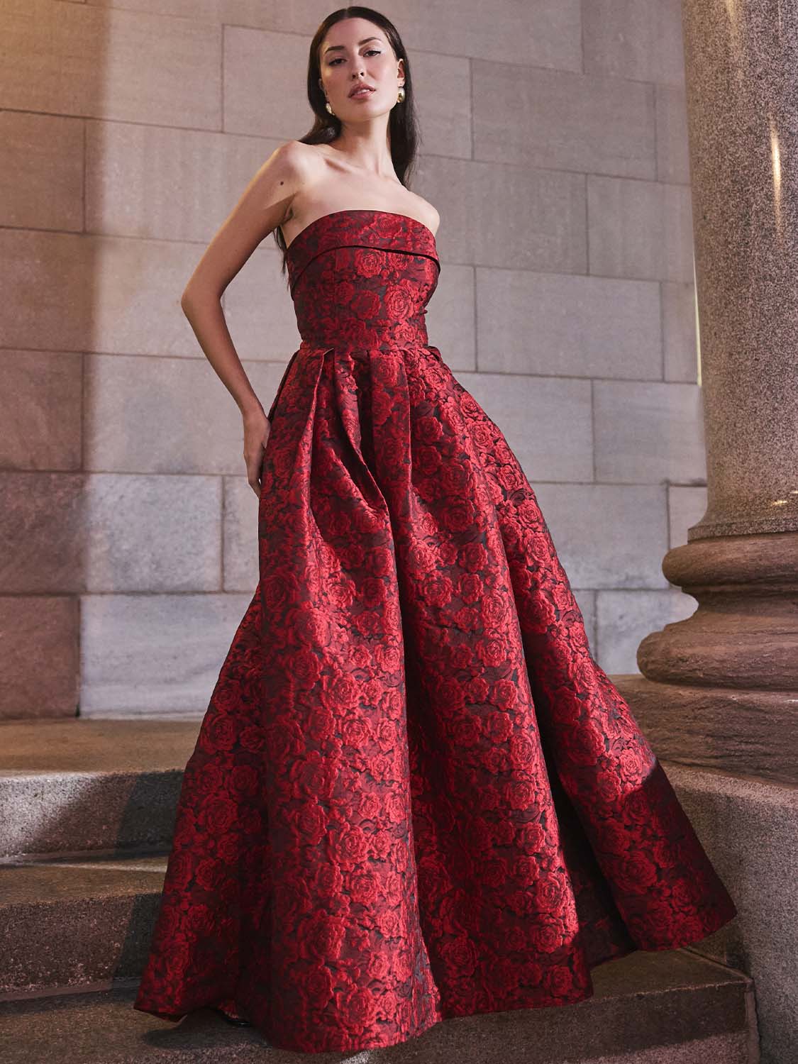 Strapless Jacquard Floral Ball Gown | Le Chateau – Suzy Shier