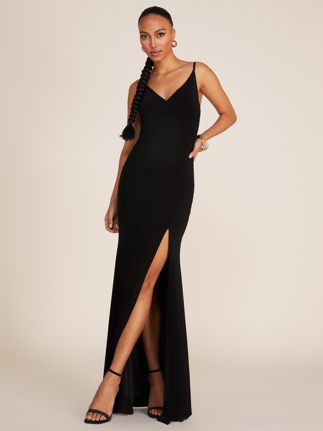 V-Neck Fitted Gown With Front Slit