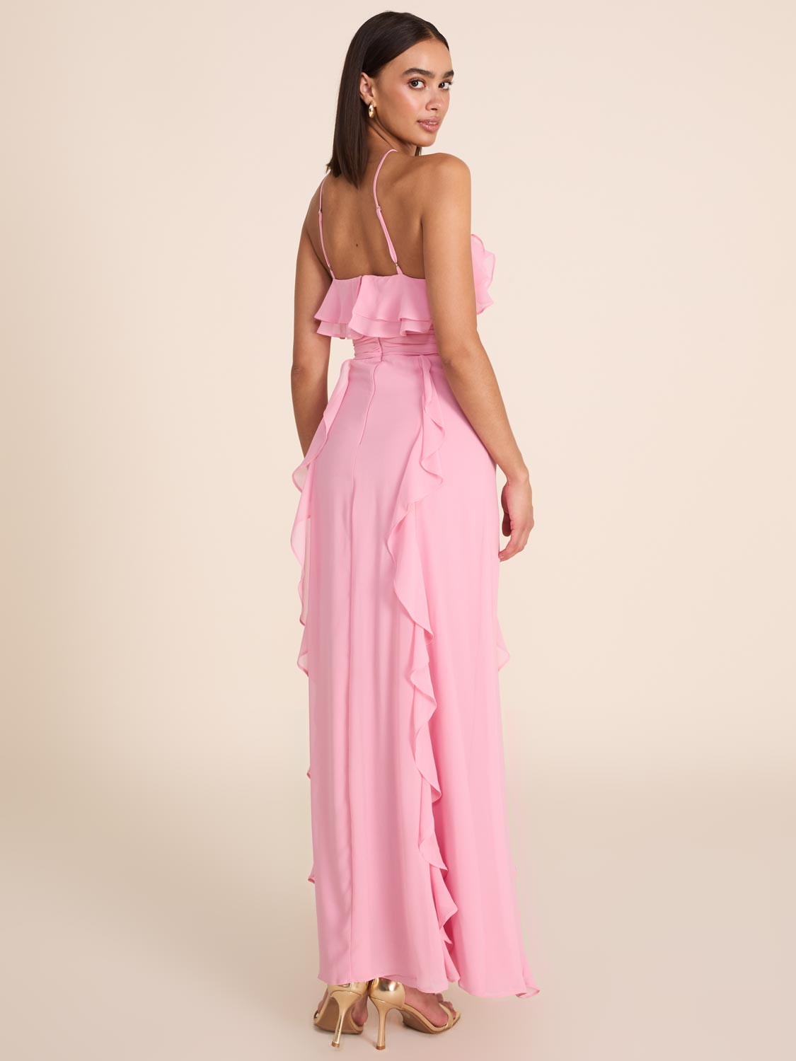 Pink Chiffon Halter Neck Gown - Cascading Ruffles | Le