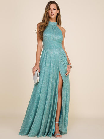 Halter Neck Metallic Crinkle Knit Gown With Open Back Turquoise