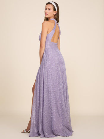 Halter Neck Metallic Crinkle Knit Gown With Open Back Periwinkle