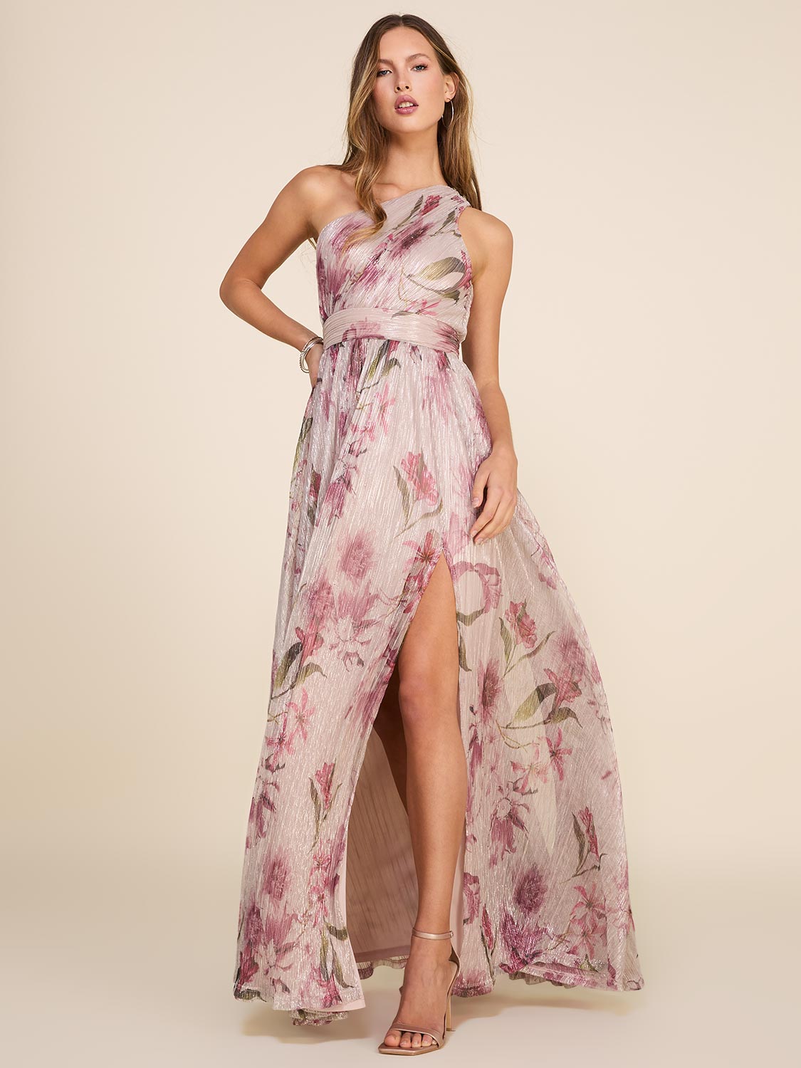 Floral Printed Metallic Crinkle Knit One-Shoulder Gown
