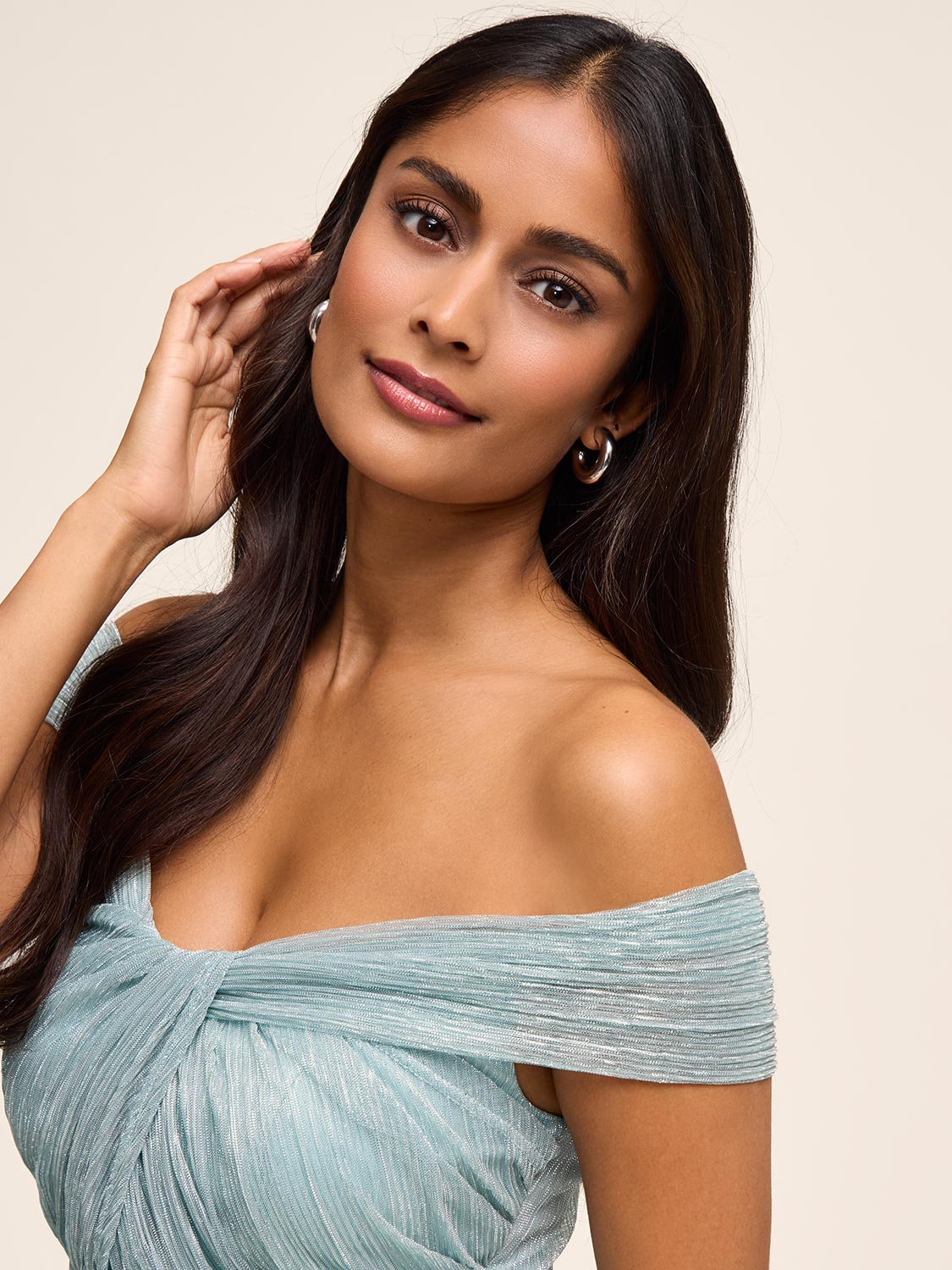 le chateau off the shoulder dress Off-The-Shoulder Metallic Gown