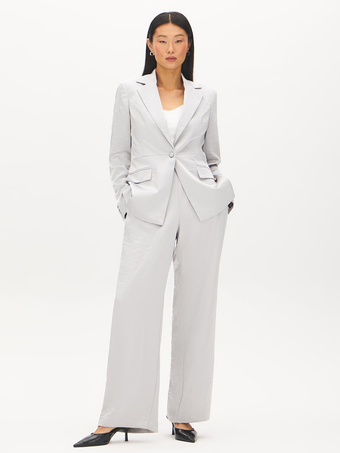 Silver One-Button Satin Blazer with Flap Pockets - Front View - Suzy Shier