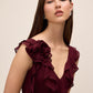 Bordeaux V-Neck Chiffon Gown with Tiered Ruffles - Close-up Neckline Detail - Le Chateau