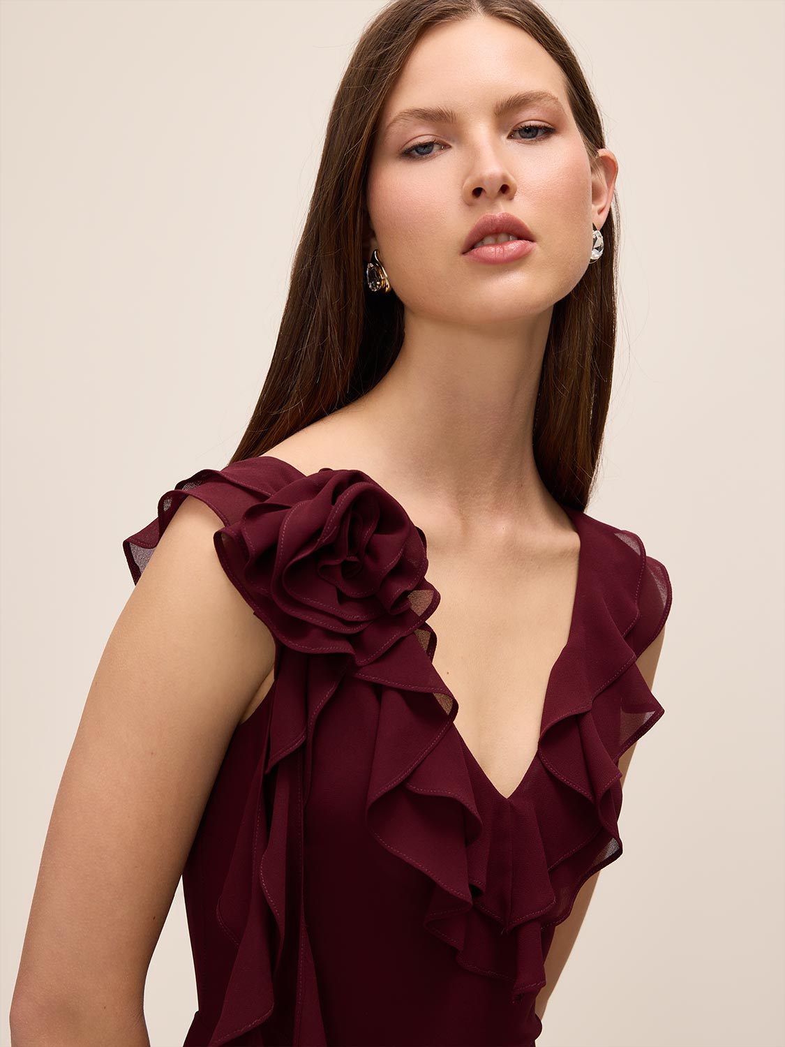 Bordeaux V-Neck Chiffon Gown with Tiered Ruffles - Close-up Neckline Detail - Le Chateau