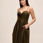 Khaki Satin Fit & Flare Dress with Cowl Neck - Woman Wearing Cocktail-Length Evening Dress - Le Chateau