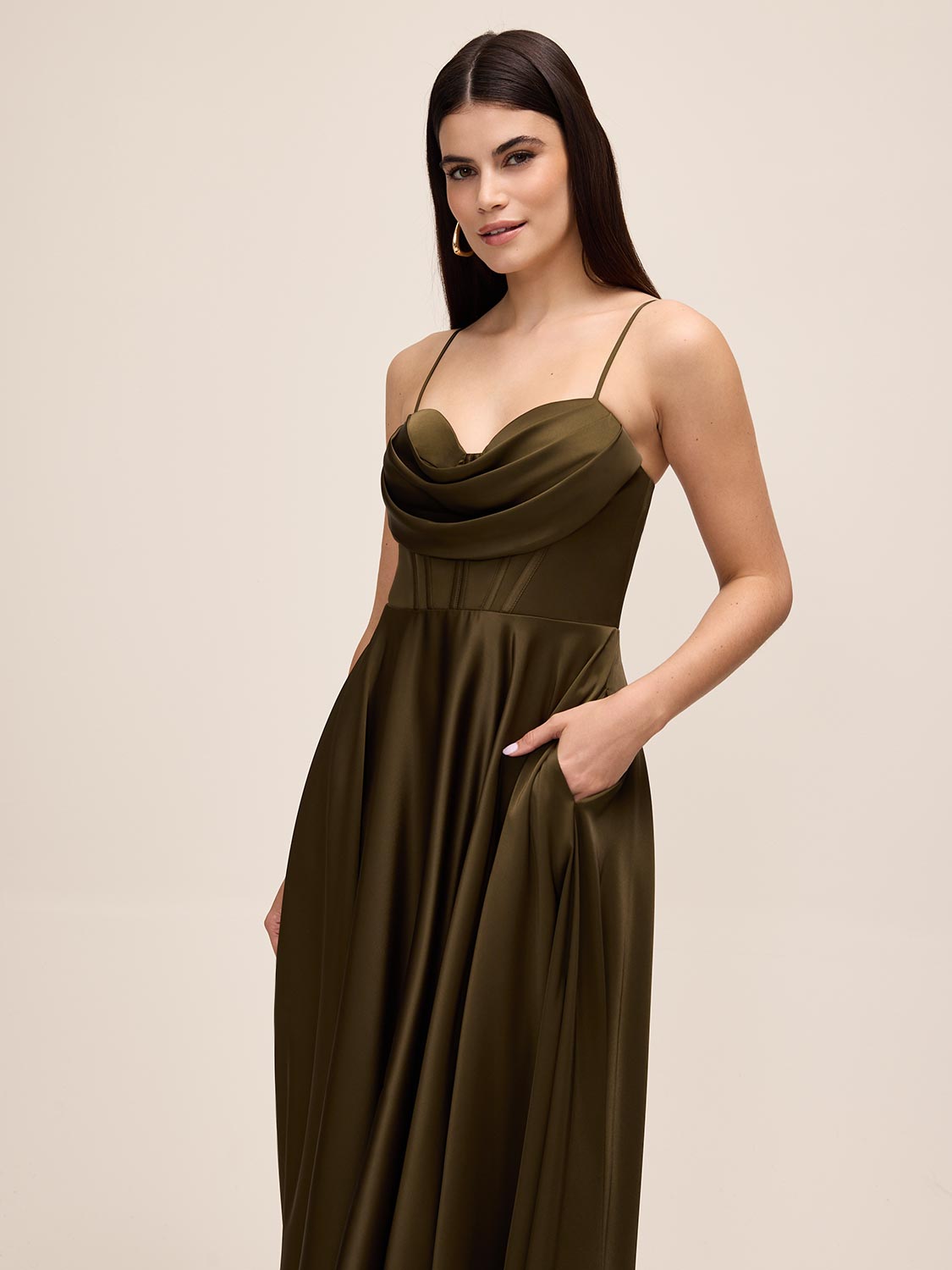 Khaki Satin Fit & Flare Dress with Cowl Neck - Woman Wearing Cocktail-Length Evening Dress - Le Chateau