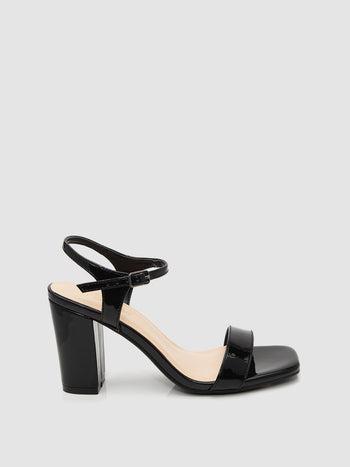 Square Toe Patent Faux-Leather Block Heel Sandal Black