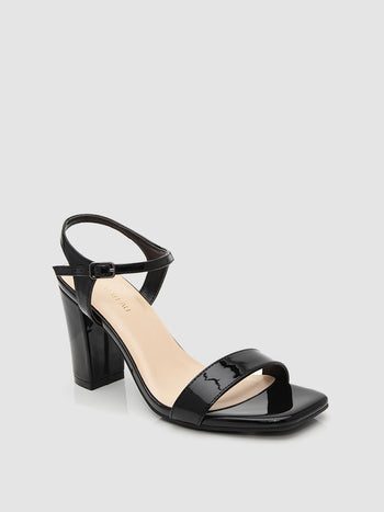 Square Toe Patent Faux-Leather Block Heel Sandal Black