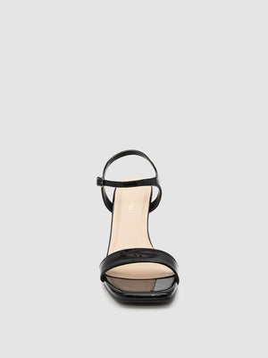 Square Toe Patent Faux-Leather Block Heel Sandal Black