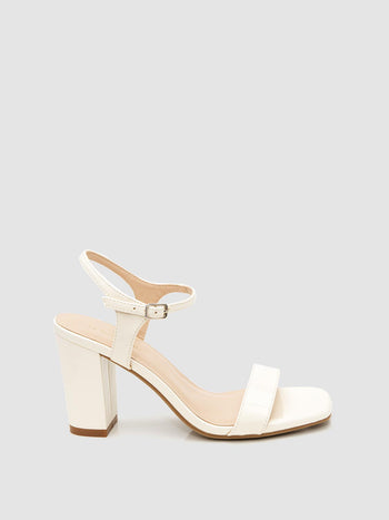 Square Toe Patent Faux-Leather Block Heel Sandal Pearl