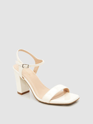 Square Toe Patent Faux-Leather Block Heel Sandal Pearl