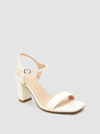 Square Toe Patent Faux-Leather Block Heel Sandal Pearl