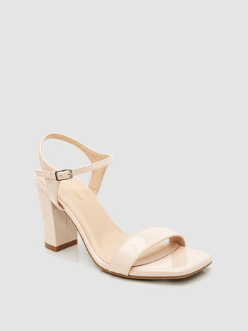 Square Toe Patent Faux-Leather Block Heel Sandal Sand