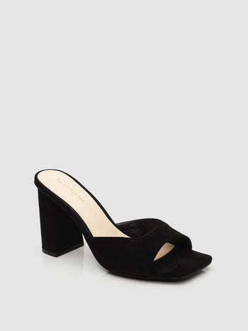 Square Toe High Block Heel Slide Black