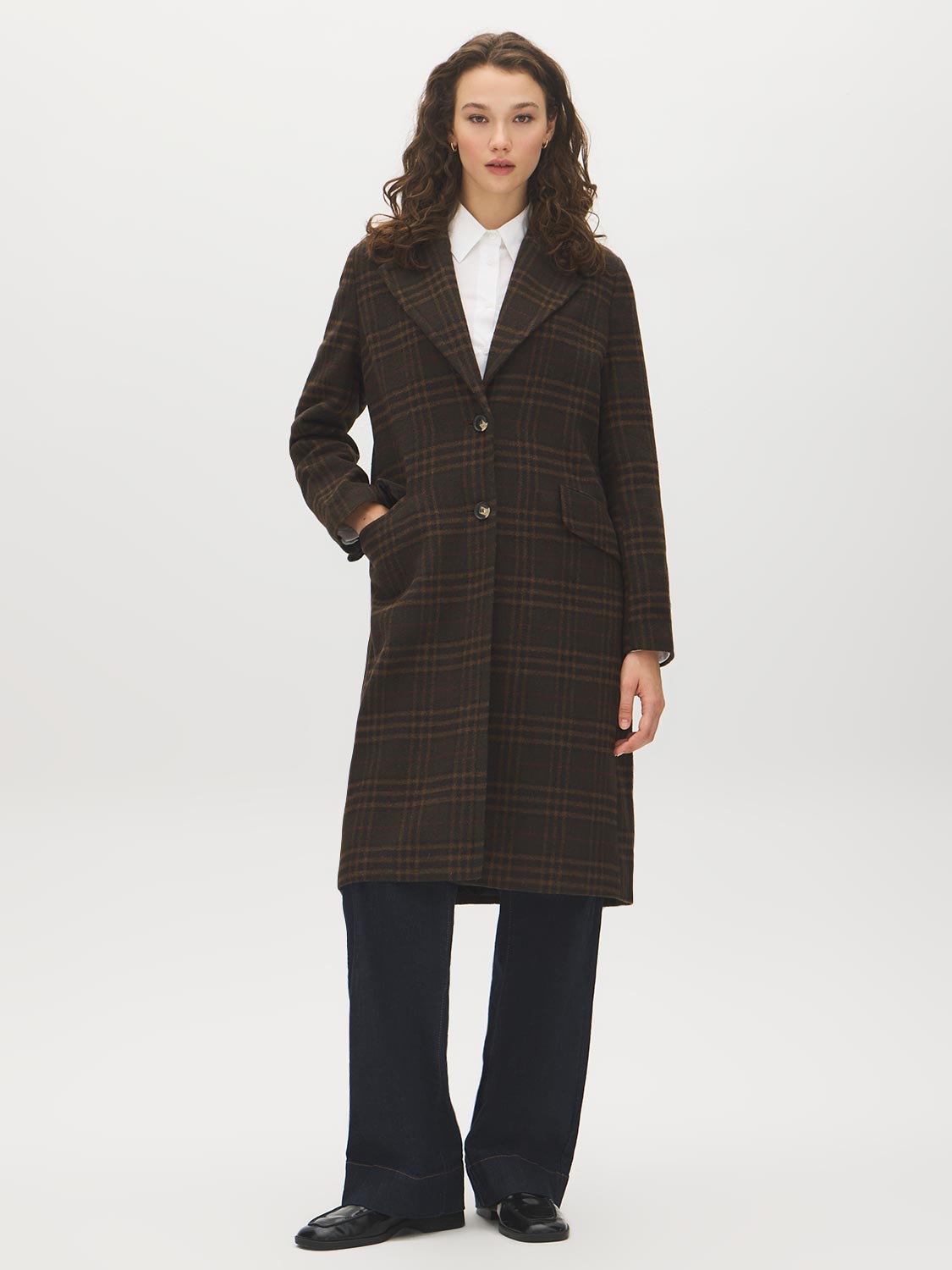 Plaid Brown Faux Wool Single-Breasted Coat - Full Front View - Suzy Shier