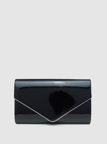 Patent Faux Leather Envelope Clutch With Metal Trim Black