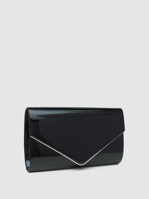 Patent Faux Leather Envelope Clutch With Metal Trim Black