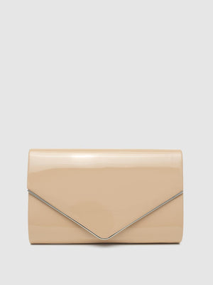 Patent Faux Leather Envelope Clutch With Metal Trim Sand