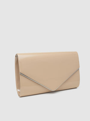 Patent Faux Leather Envelope Clutch With Metal Trim Sand