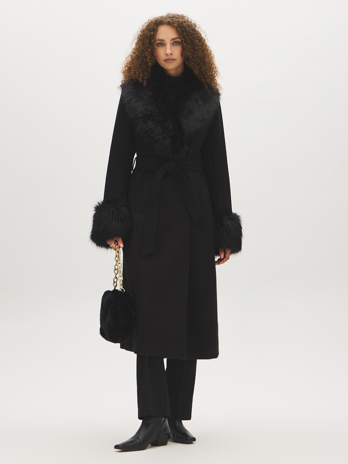 Dark Brown Melange Long Belted Faux Wool Coat - Full Front View - Suzy Shier