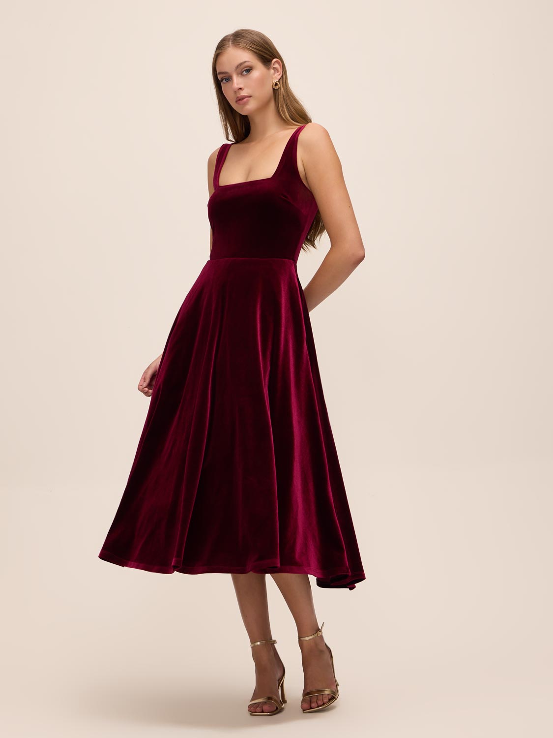 Burgundy Square Neck Velour Fit & Flare Cocktail Dress - Front View - Le Chateau