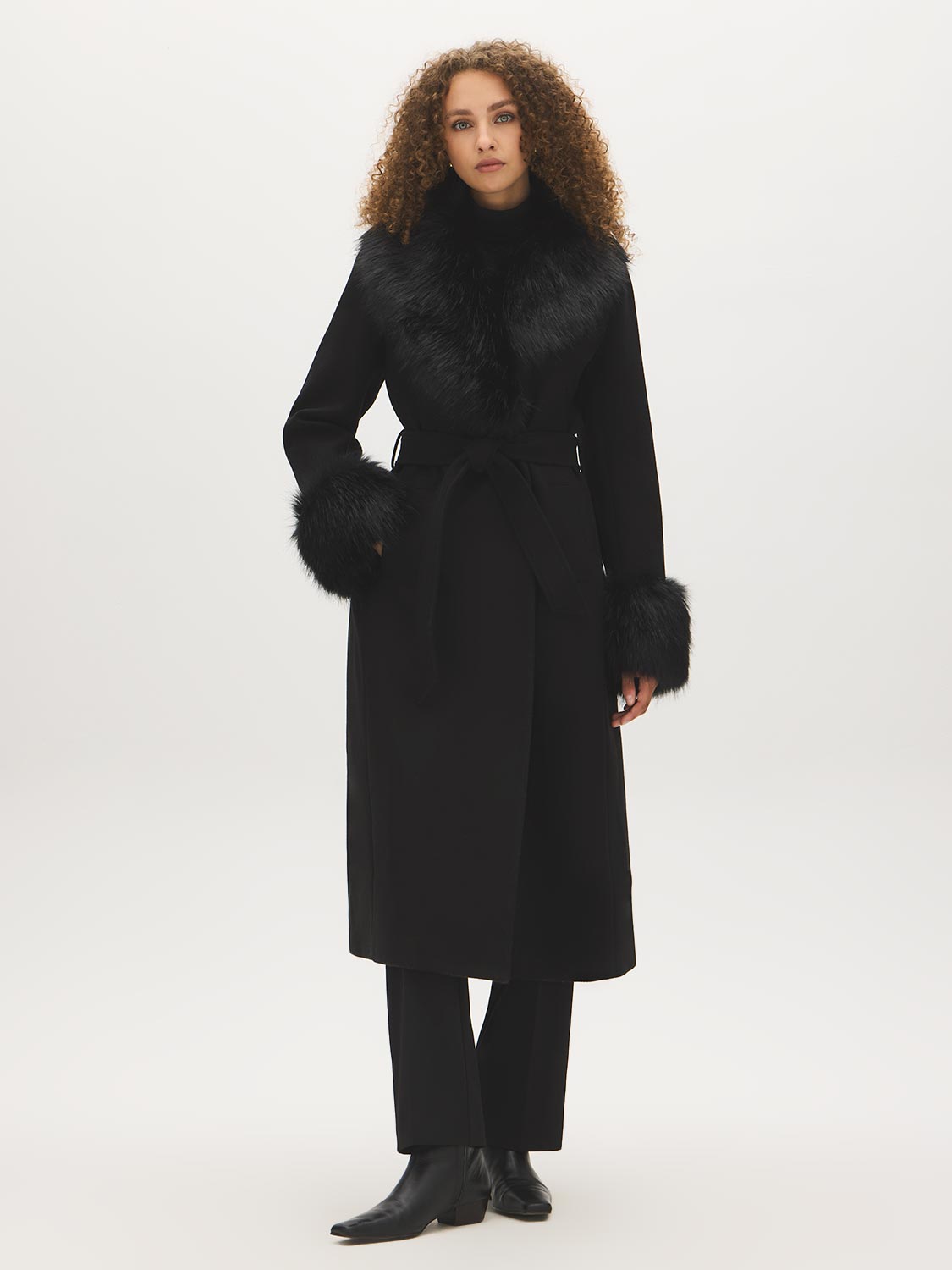 Dark Brown Melange Long Belted Faux Wool Coat - Woman Wearing Removable Fur Collar and Cuffs - Suzy Shier