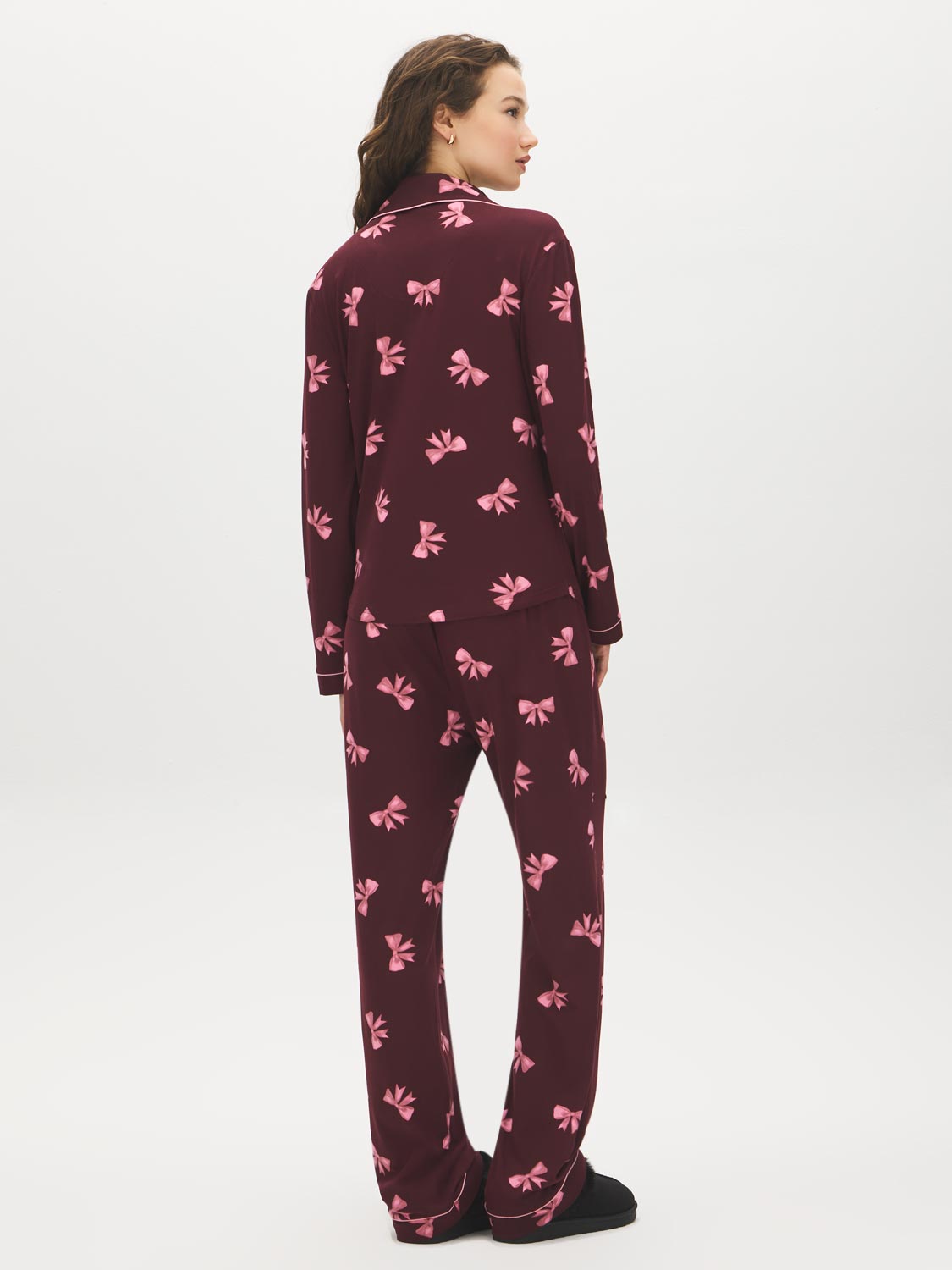 Burgundy Bows Print Pajama Set - Back View - Suzy Shier