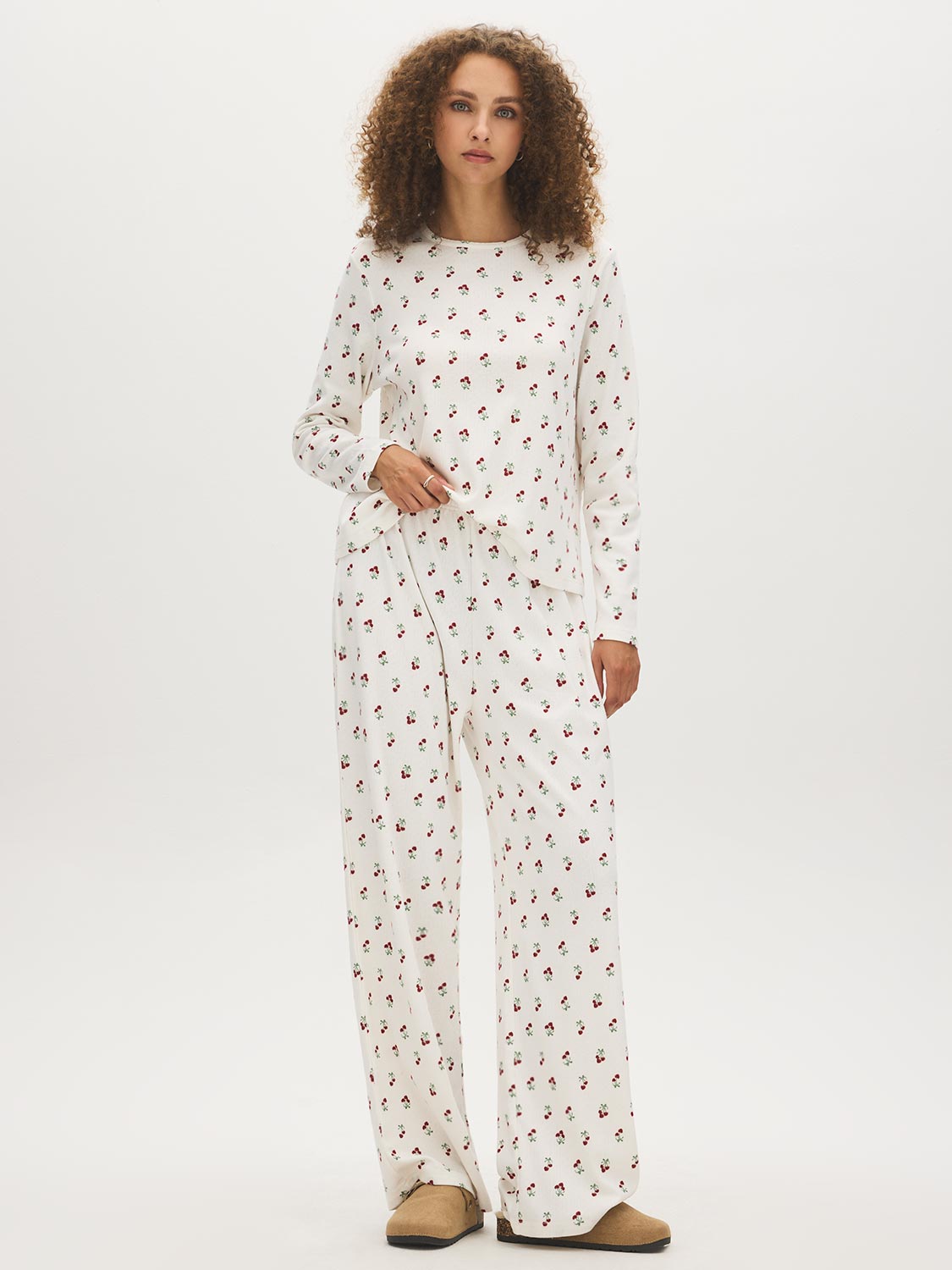 Snow White Cherry Bow Print Knit PJ Set - Woman Wearing Soft Pajama Set - Suzy Shier