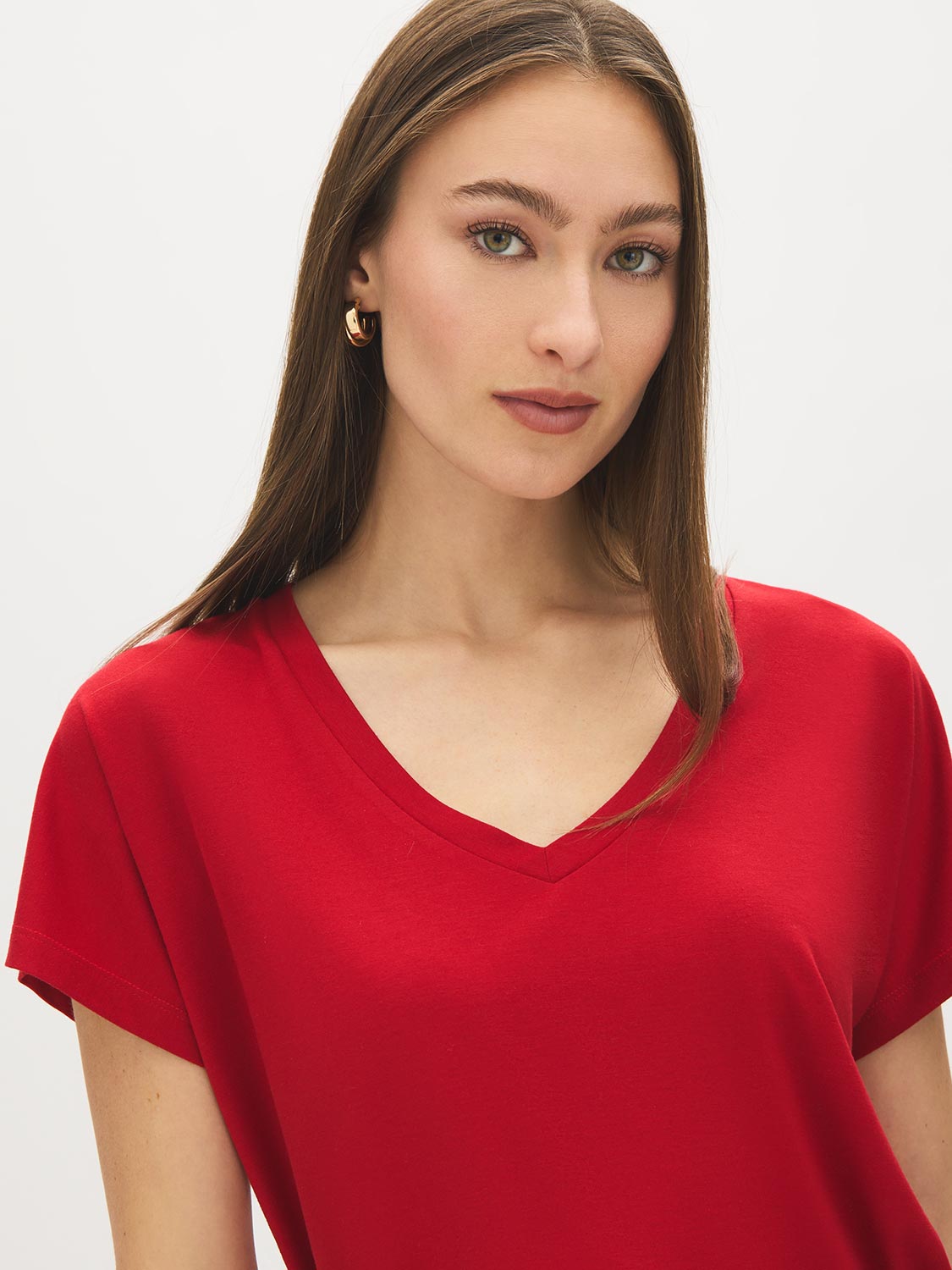 Jester Red V-Neck Dolman Sleeve Knit Top - Close-up V-neck Detail - Suzy Shier