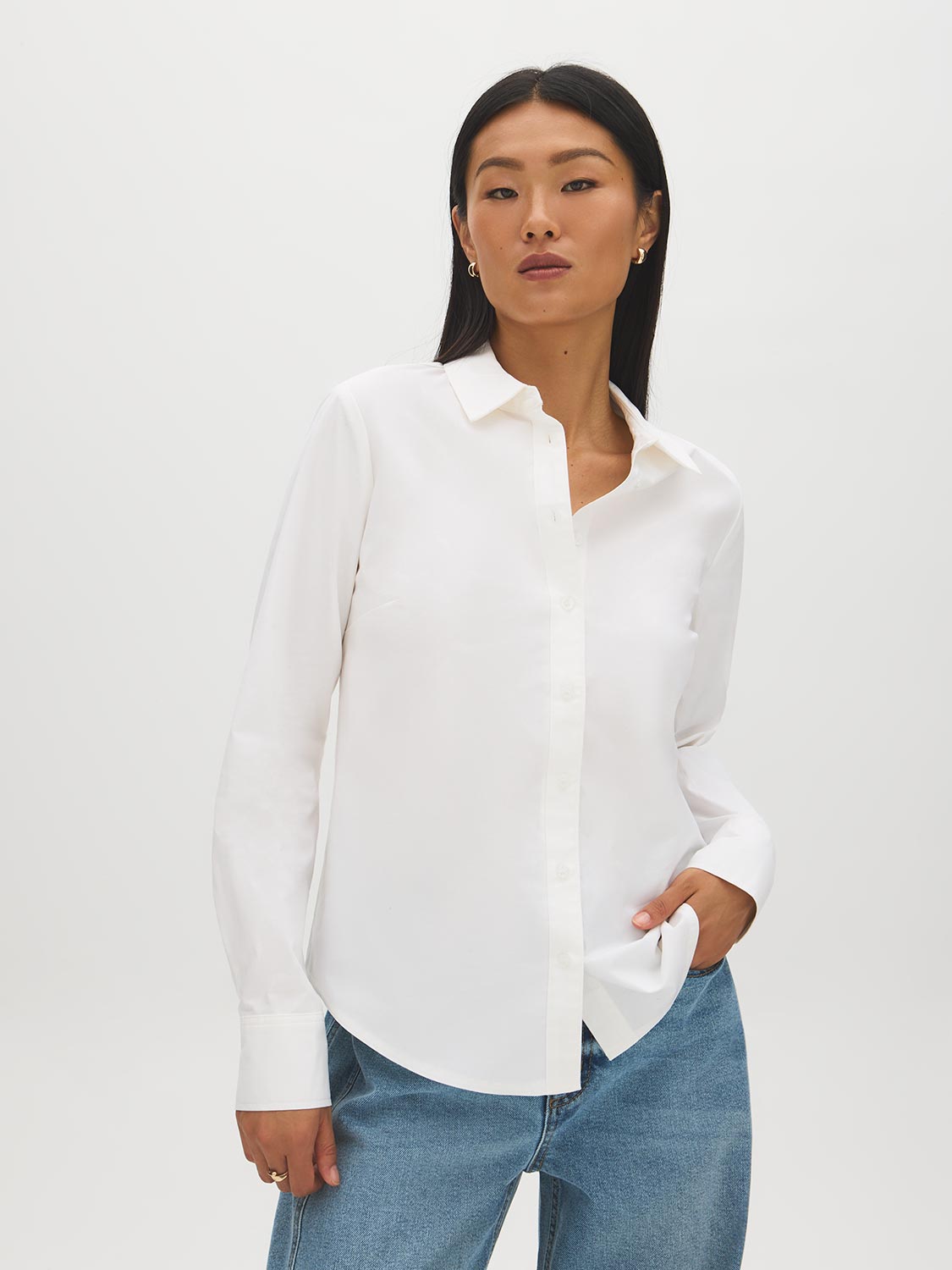 Bright White Poplin Button-Front Blouse - Woman Wearing Classic Cotton Shirt - Suzy Shier
