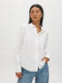 Bright White Poplin Button-Front Blouse - Woman Wearing Classic Cotton Shirt - Suzy Shier