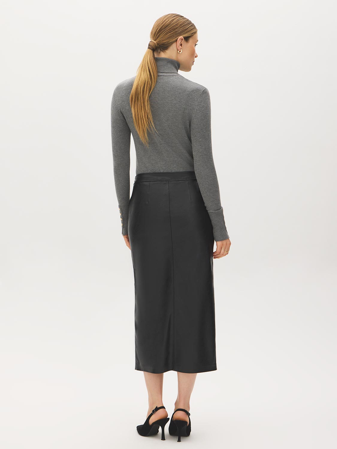 Black Textured Faux Leather Midi Skirt - Back View - Suzy Shier