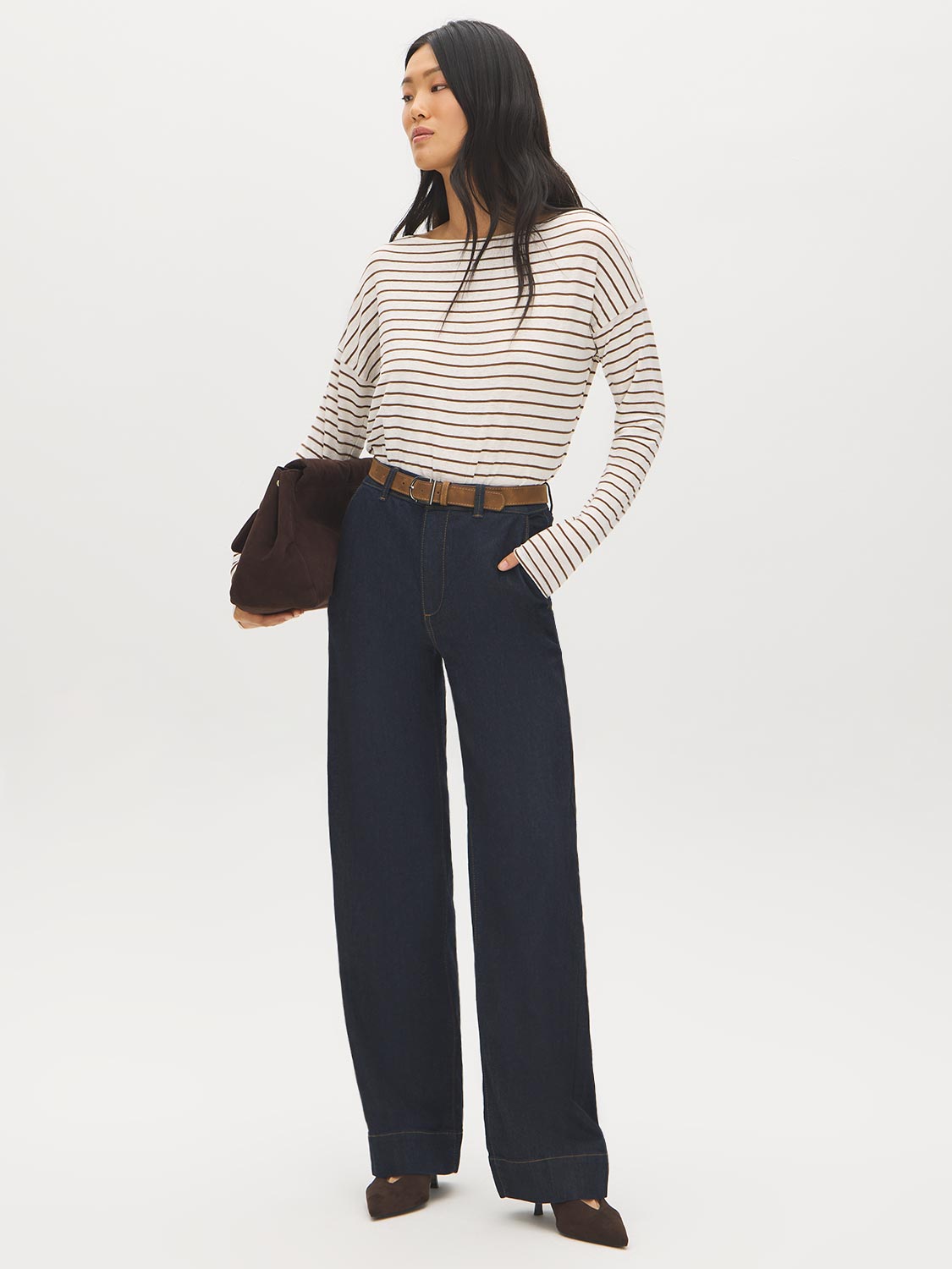 Bison/Snow White Striped Boat Neck Knit Top - Front View - Suzy Shier