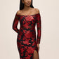 Red/Black Off-Shoulder Sequin Gown with Illusion Sleeves - Front View - Le Chateau