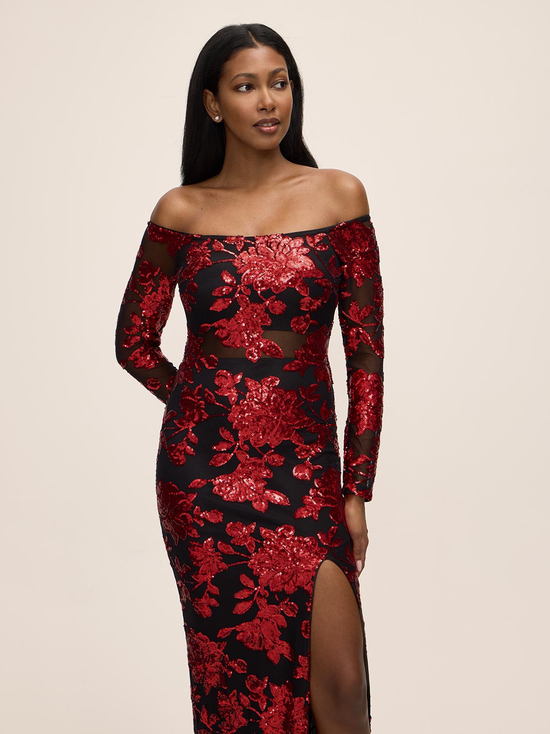 Red/Black Off-Shoulder Sequin Gown with Illusion Sleeves - Front View - Le Chateau