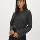 Charcoal and White Striped Jacquard Fitted Top - Woman Wearing Crew Neck Bell Sleeve Top - Suzy Shier
