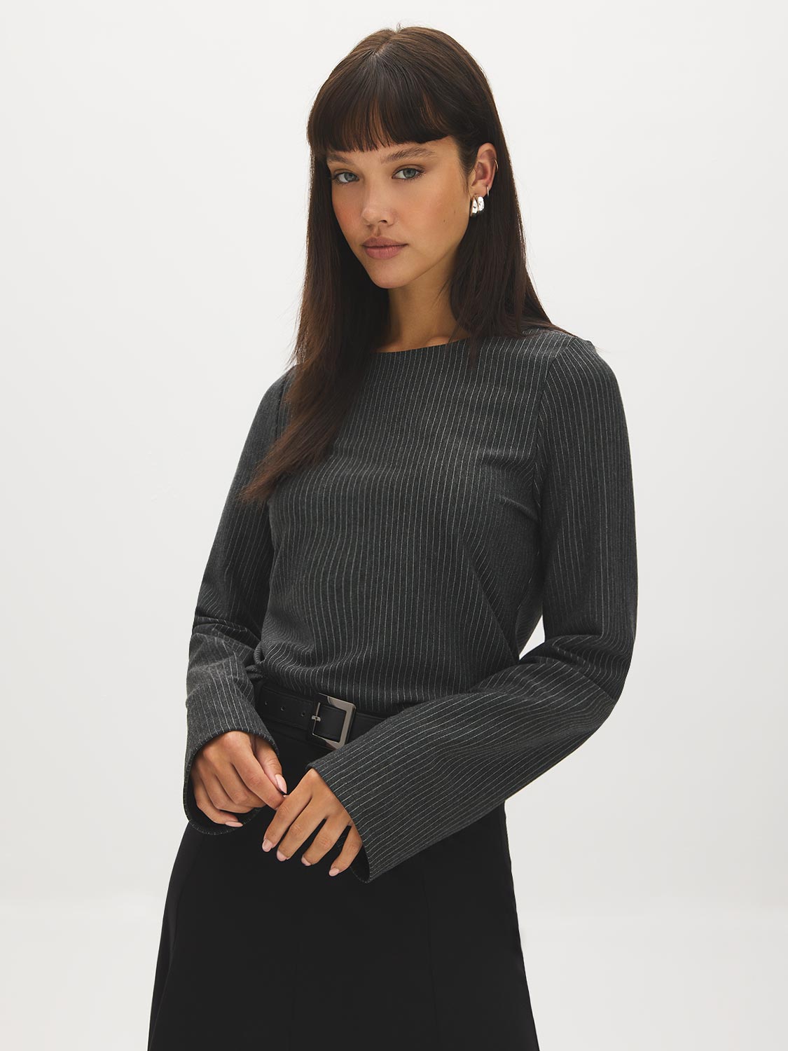 Charcoal and White Striped Jacquard Fitted Top - Woman Wearing Crew Neck Bell Sleeve Top - Suzy Shier