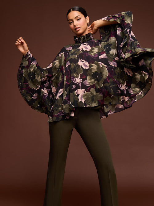 Blouse style poncho en mousseline imprimée