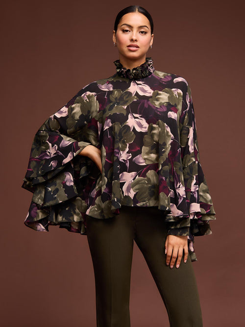 Printed Chiffon Poncho Blouse