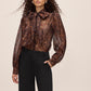 Leopard Print Organza Tie Neck Blouse - Woman Wearing Sheer Animal Print Top - Le Chateau