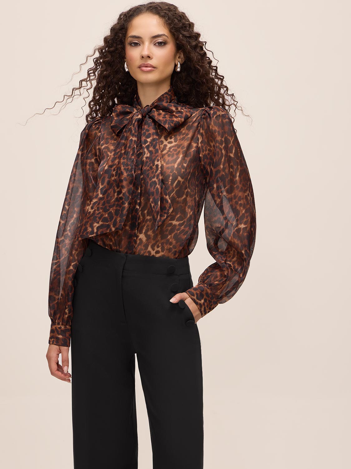 Leopard Print Organza Tie Neck Blouse - Woman Wearing Sheer Animal Print Top - Le Chateau