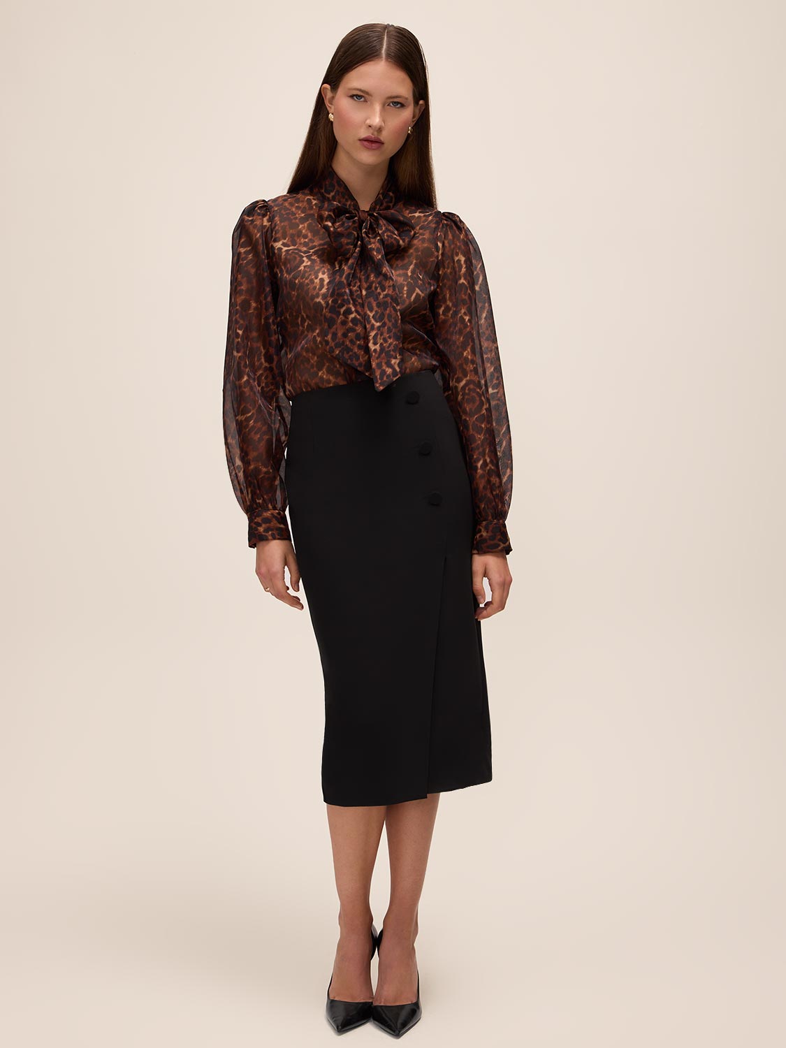 Black Covered Button Pencil Skirt with Slit - Woman Wearing Tailored Office Skirt - Le Chateau