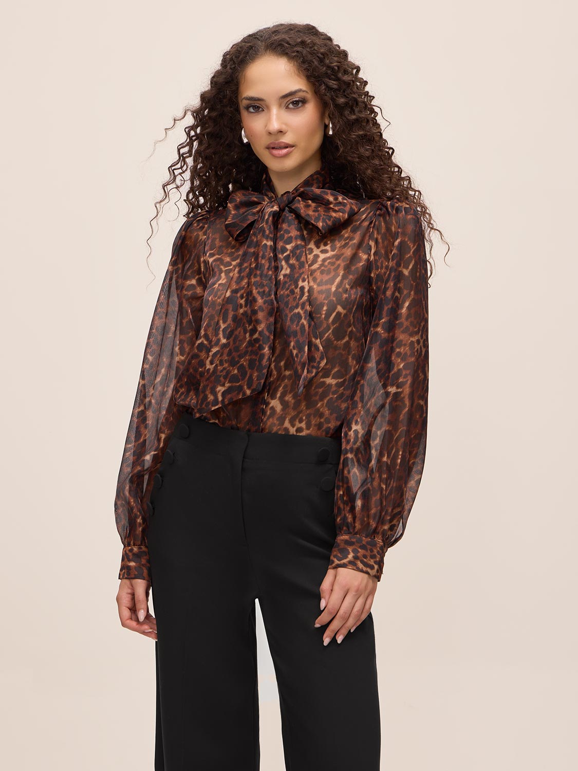 Leopard Print Organza Tie Neck Blouse - Woman Wearing Sheer Animal Print Top - Le Chateau